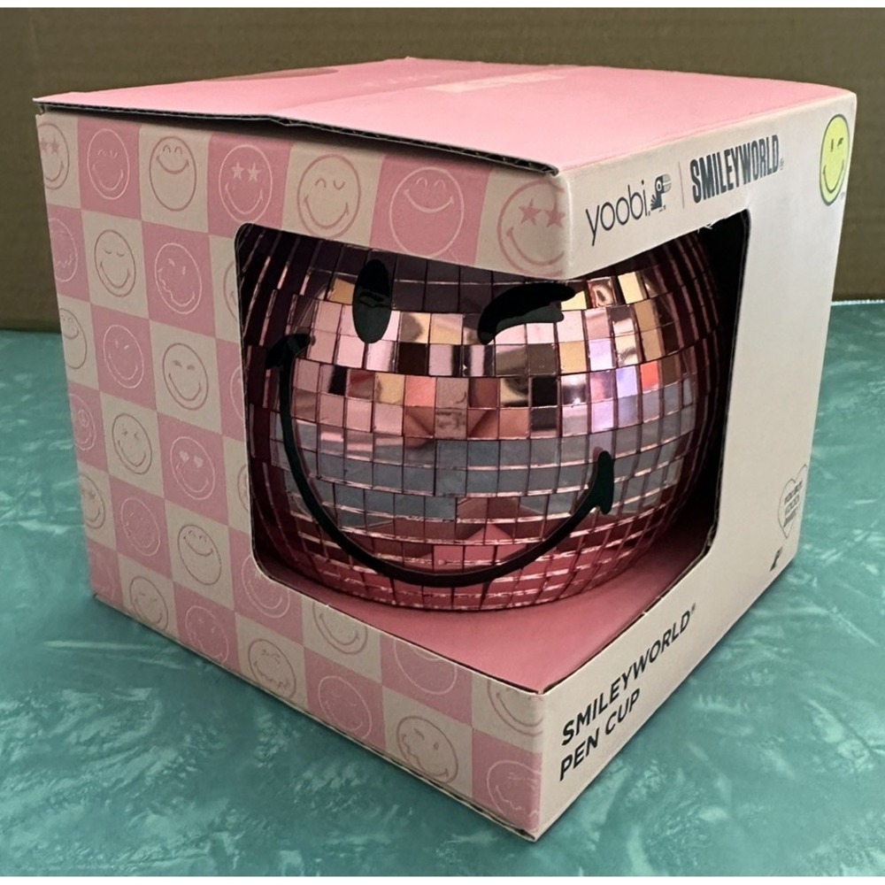Yoobi SmileyWorld Pen Cup Pink Disco Ball Smiley Face Plastic Pencil Holder NEW